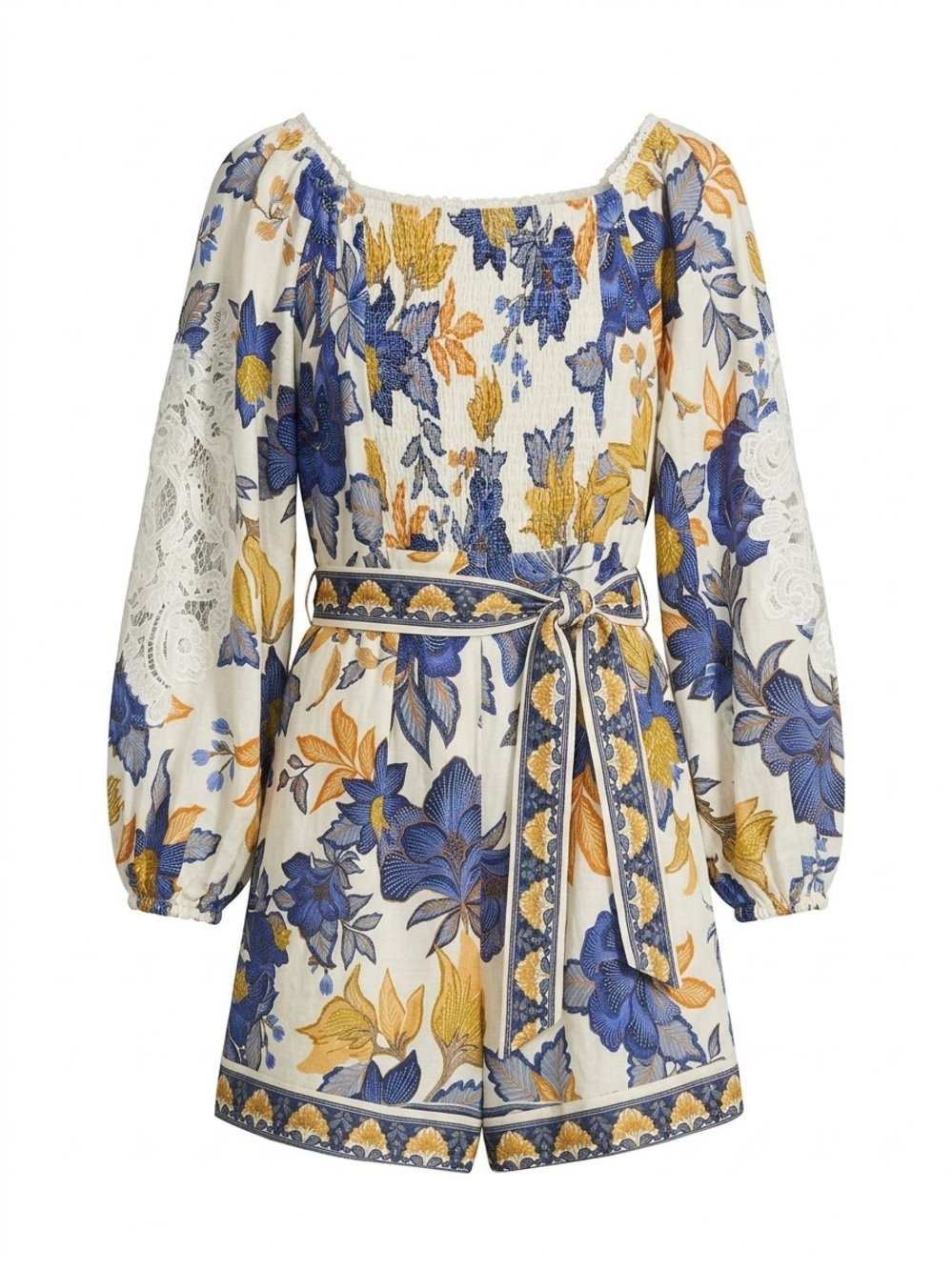 FARM Rio Cream, Blue & Gold Floral Smocked Mini Romper